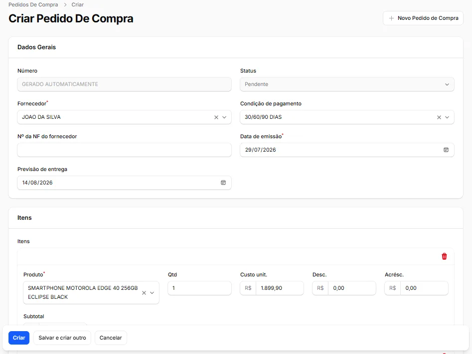 Interface do módulo de Compras do Sysmov ERP