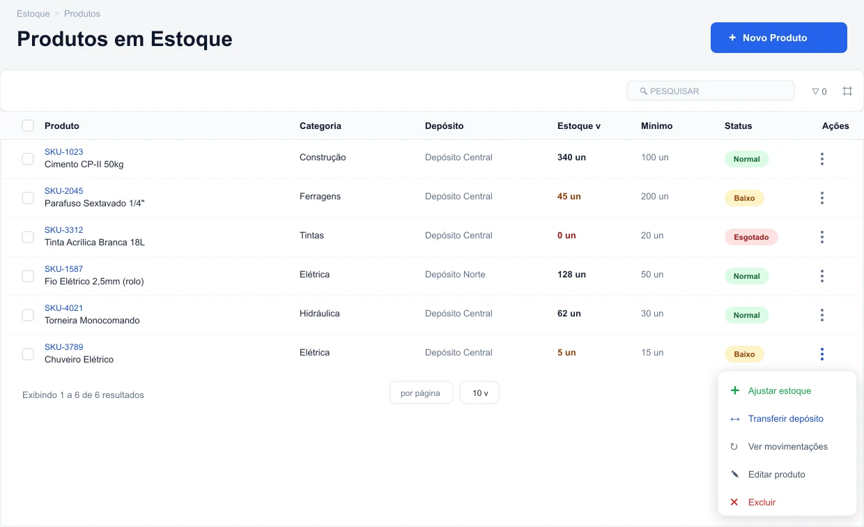 Interface do módulo de Estoque do Sysmov ERP