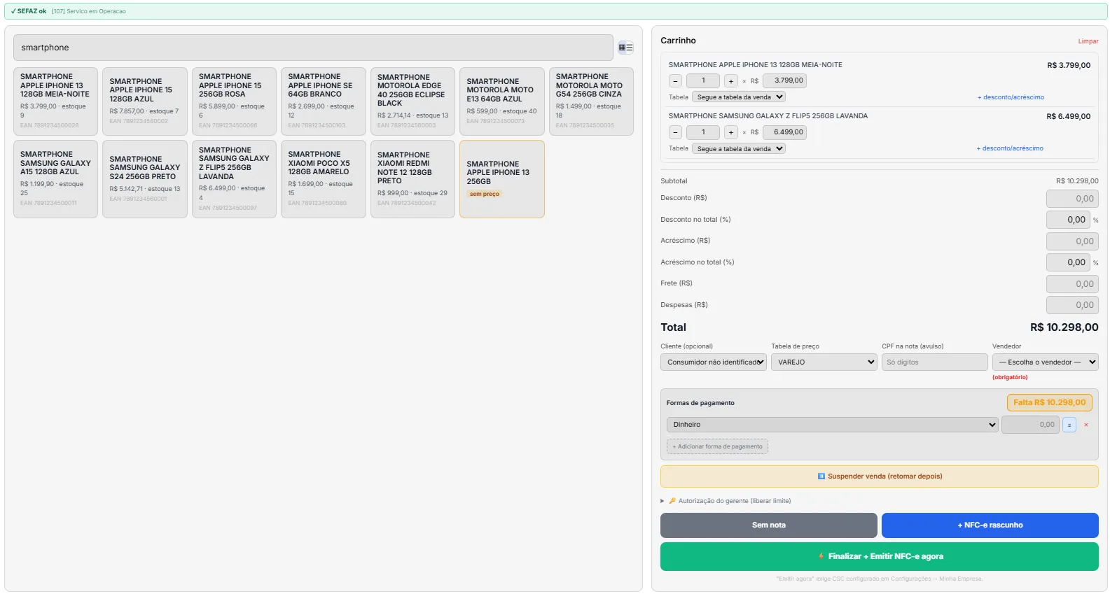 Interface do módulo de PDV do Sysmov ERP