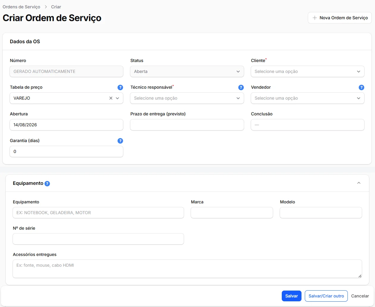 Interface do módulo de Serviços do Sysmov ERP