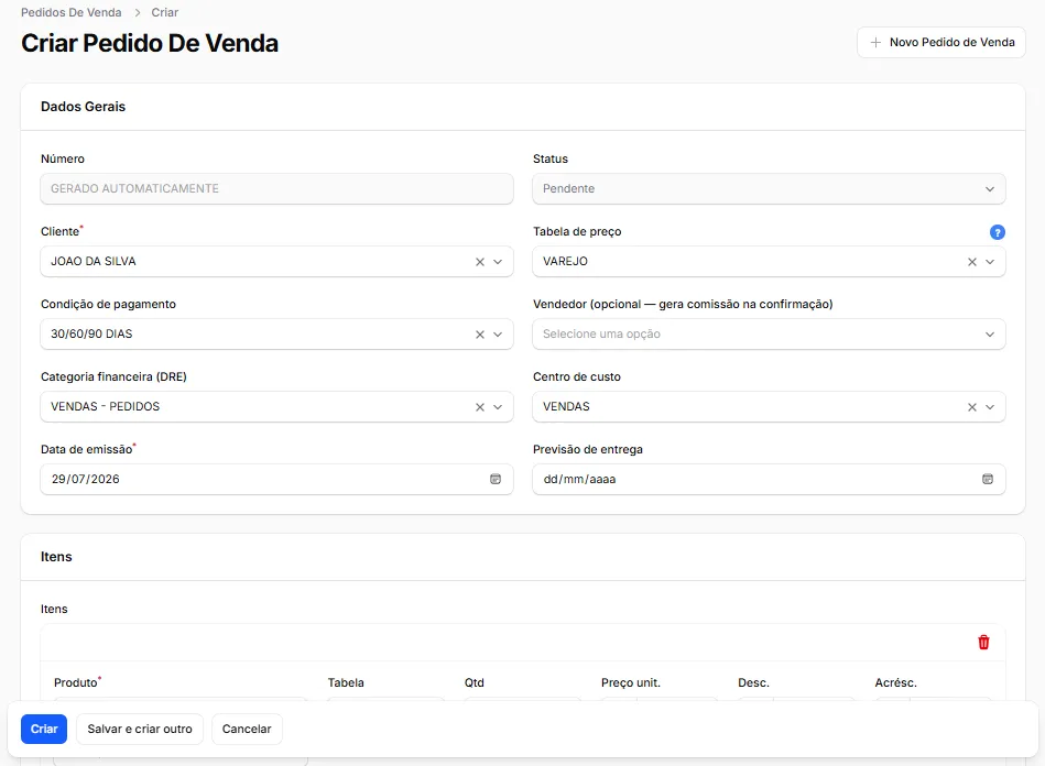 Interface do módulo de Vendas do Sysmov ERP