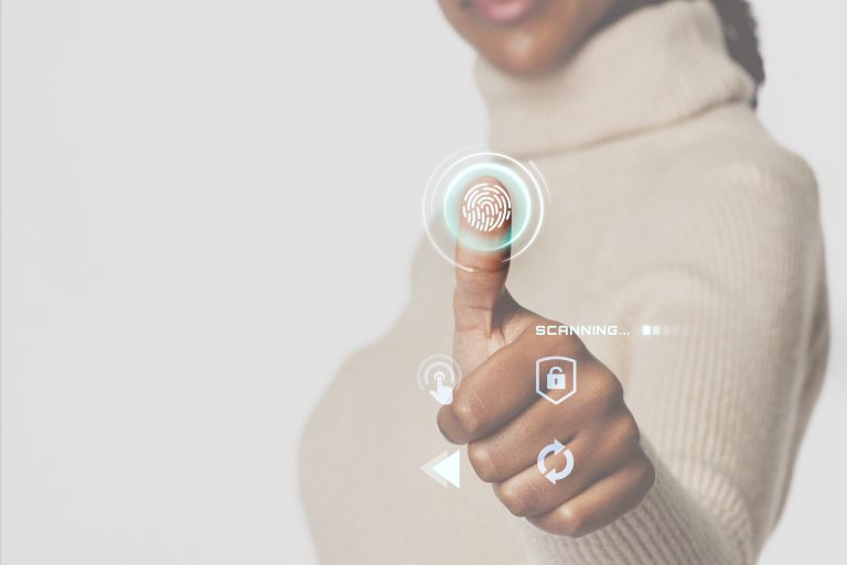 Woman scanning fingerprint with futuristic interface smart technology